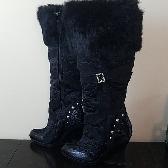 Baby Phat Shoes - Baby Phat 7.5 Black Leather/Textile faux fur boots